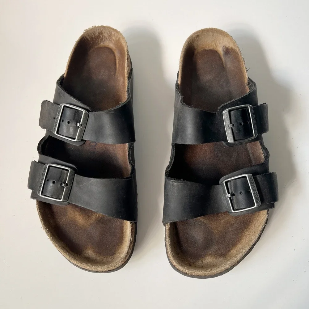 Birkenstock Arizona Sandals 43 Black Oiled Leather Soft Footbed Slides Mens
